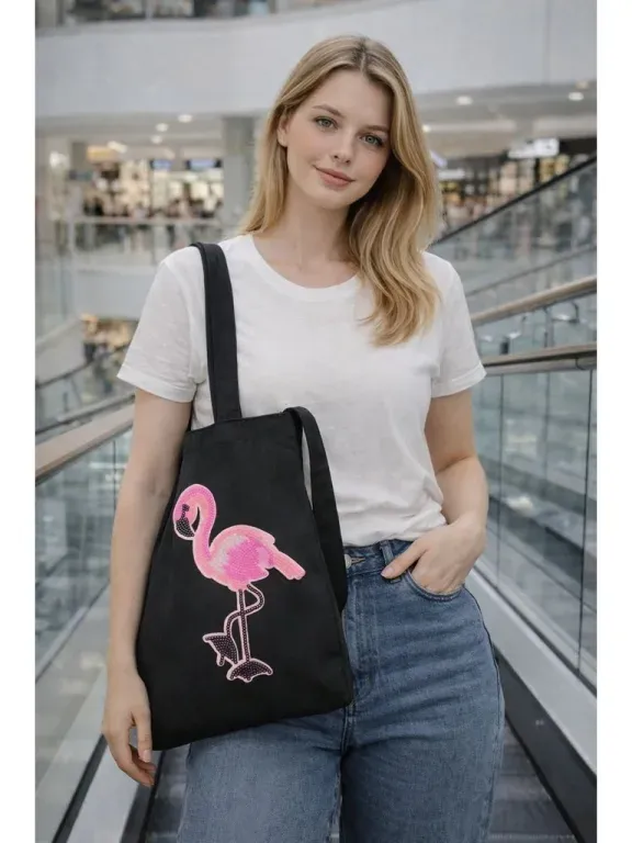 Czarna materiałowa torba typu shopper z aplikacją flaminga