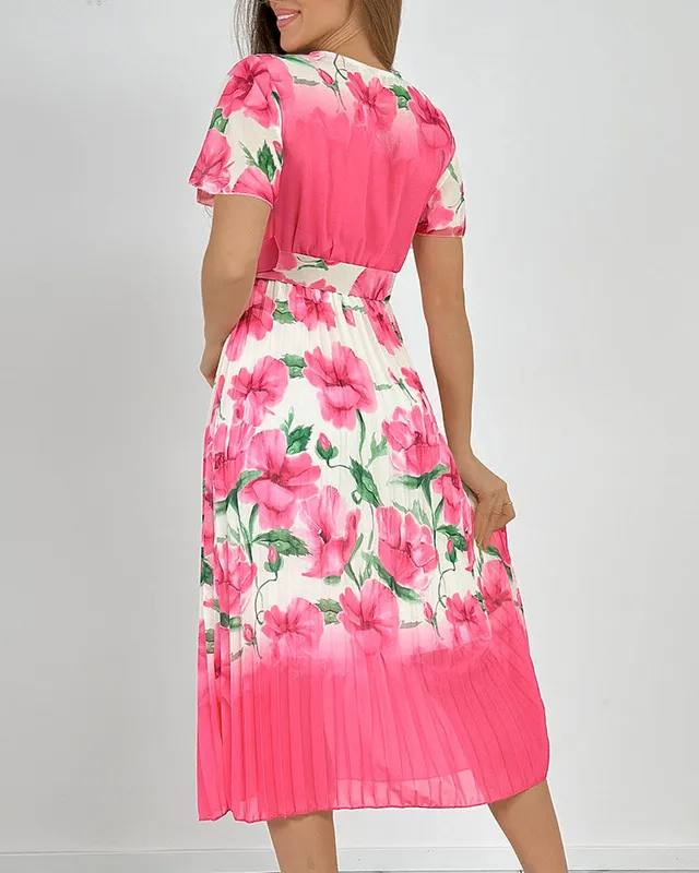 Royalfashion Damska plisowana sukienka midi w kwiaty