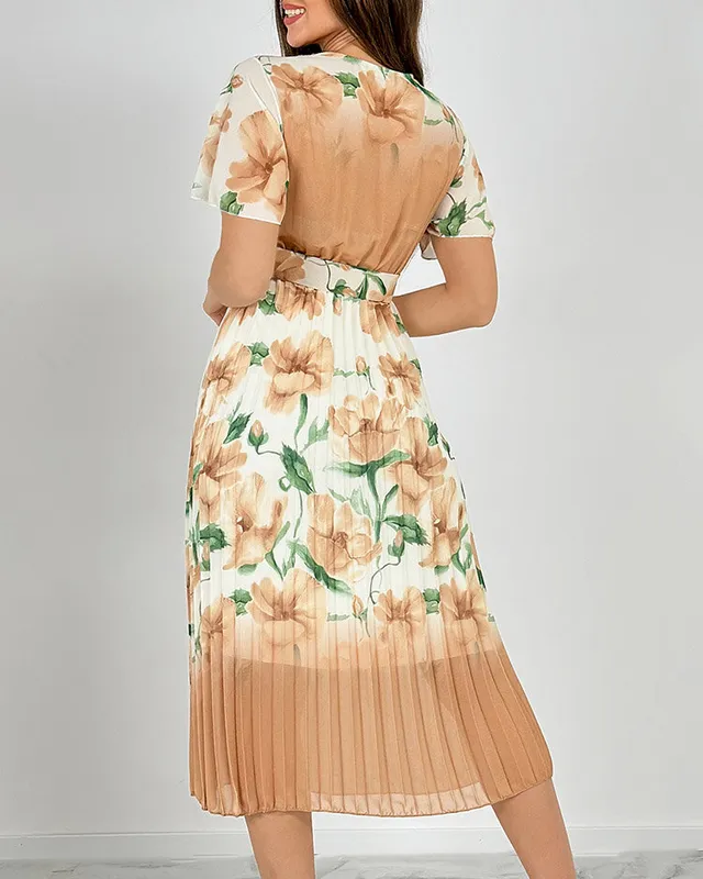 Royalfashion Damska plisowana sukienka midi w kwiaty